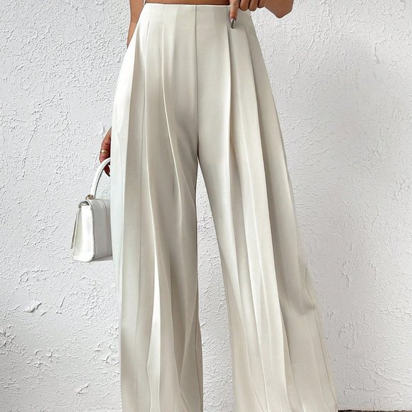 . Pants - White Casual Womens High Waist Plicated Detail Wide Leg Pants